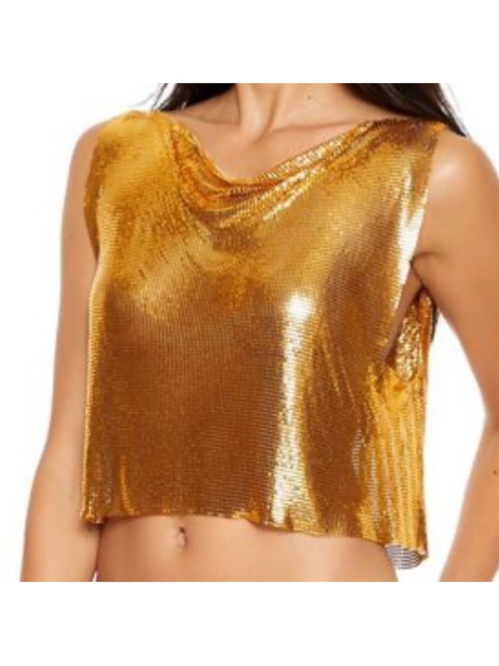 Gold Metallic Sequin Cowl Neck Crop Tank - Women
